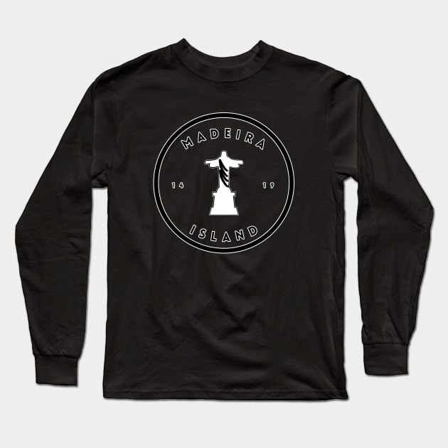 Madeira Island 1419 logo with Christ the Redeemer in black & white Long Sleeve T-Shirt by Donaby